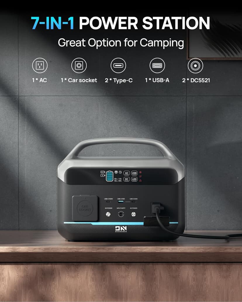 Portable Power Station 600W(Surge 1200W), 576Wh LiFePO4 Battery, <10 MS UPS/ 1 Hour Fast Charging, 100W USB-C Output, Solar Generator for Home Backup, Camping & RVs, Off-grid Power Outage, CPAP