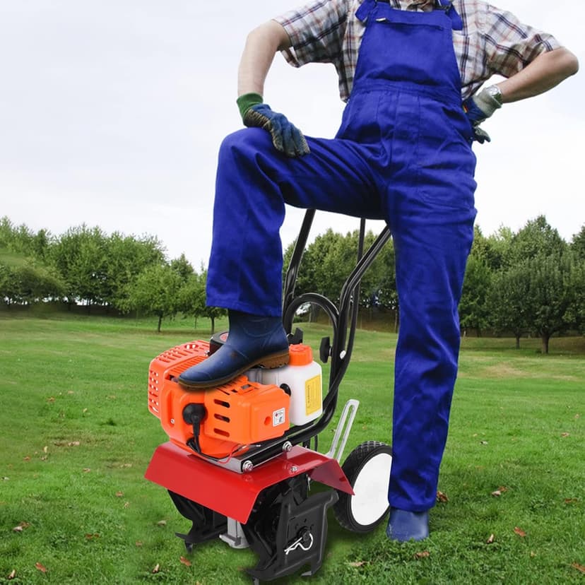 Garden Tiller Gas Powered,Garden Tiller,52cc 2 Stroke 9000RPM Cordless Tiller Cultivator,6-inch Depth Digging Petrol Cultivator 1.2L Fuel Tank Mini Tiller for Lawn Yard Soil Cultivation
