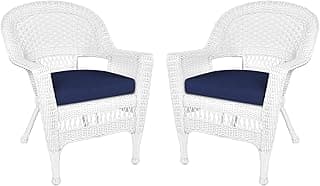 Jeco Wicker Chair with Blue Cushion, Set of 2, White/W00206-