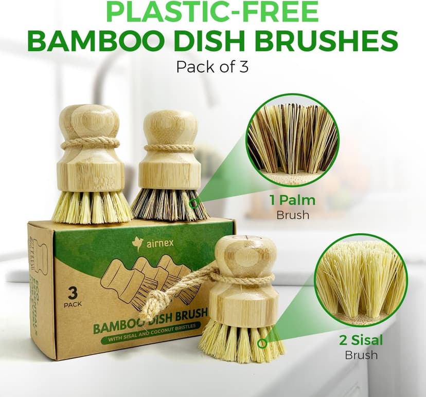 Bamboo Dish Brush Set of 3, 100% Plant-Based Kitchen Dish Brush Bamboo with Sisal and Coconut Bristles, 2 Brush Types, No Scratch Wood Sish Scrub Brush for Dishes, Quick-Drying, Odor Free