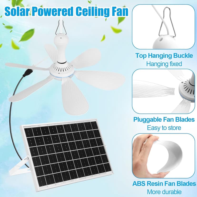 Solar Ceiling Fan Kit 16.5'', 15w Monocrystalline Solar Panel USB Hanging Ceiling Fan with Remote Control Timing Small Panel Kit for Patio Camping Tent Chicken Coop Greenhouse Shed