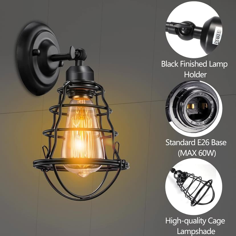 Asnxcju Industrial Wall Sconces Set of Two, Farmhouse Wall Sconce, Vintage Wire Cage Wall Lighting Sconce, Black Wall Lamp Fixture for Bedroom, Headboard, Porch