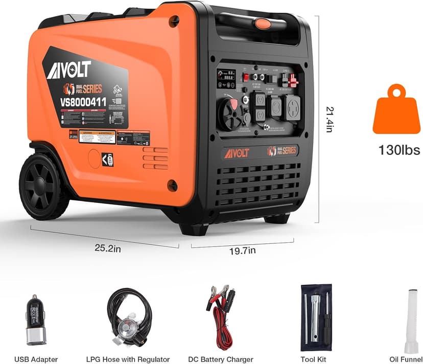 AIVOLT Dual Fuel Inverter Generator 8000 Wattages 50 Amp Gas Propane Powered Super Quiet Portable Inverter Generator for Home Use, Camping Travel RV Jobsite, 50 State Approved
