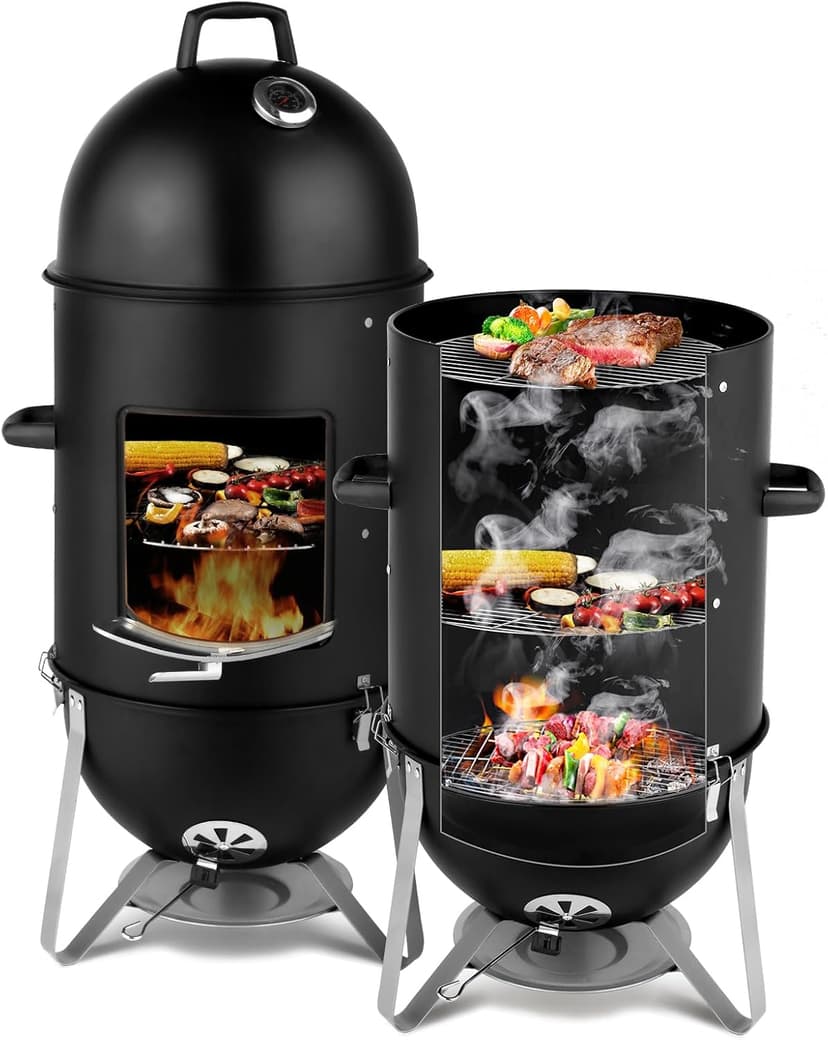 Outvita Vertical 18.8 Inch Steel Charcoal Smoker, Heavy Duty 3-in-1 Portable Outdoor Grill Cooker with Built-in Thermometer for Outdoor Backyard Cooking Grilling Camping