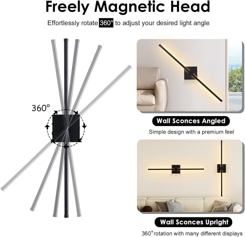 LED Wireless Wall Sconce with Remote Control (Set of Two), USB Rechargeable Battery Powered Indoor Wall Lamps, Dimmable, 360° Rotate,Timing, 28.3 inch Black Wall Lights for Hallway/Living Room/Bedroom