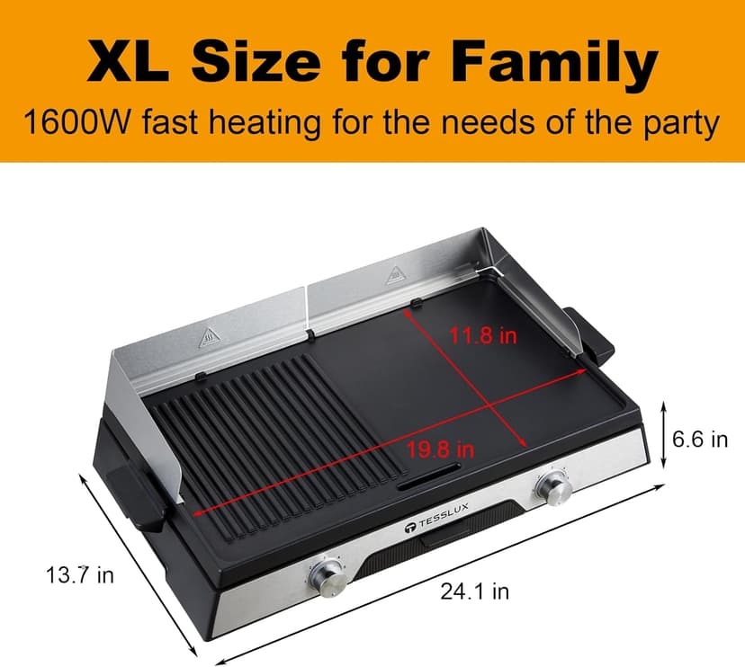 XL Electric Indoor Grill, 20” Non-stick Griddle Combo, 1600W Fast Heating, Dual Temperature Control, Detachable for Easy Cleaning