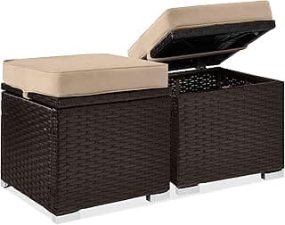 Best Choice Products Set of 2 Wicker Ottomans, Multipurpose Outdoor Furniture for Patio, Backyard, Additional Seating, Footrest, Side Table w/Storage, Removable Cushions - Brown/Beige