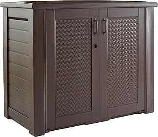 Rubbermaid Decorative Outdoor Storage Cabinet (123 Gal), Weather Resistant, Brown, Organization for Home/Backyard/Pool Chemicals/Toys/Garden Tools/Porch/Patio Cushions