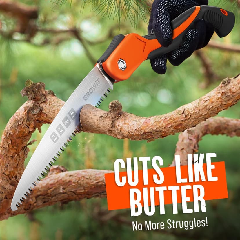GROWIT Folding saw 11 Inch - Heavy Duty Pruning Saw with Triple-Cut SK5 Blade, 7 TPI Razor Teeth for Tree Trimming, Wood Cutting, Camping, Bushcraft, and Gardening