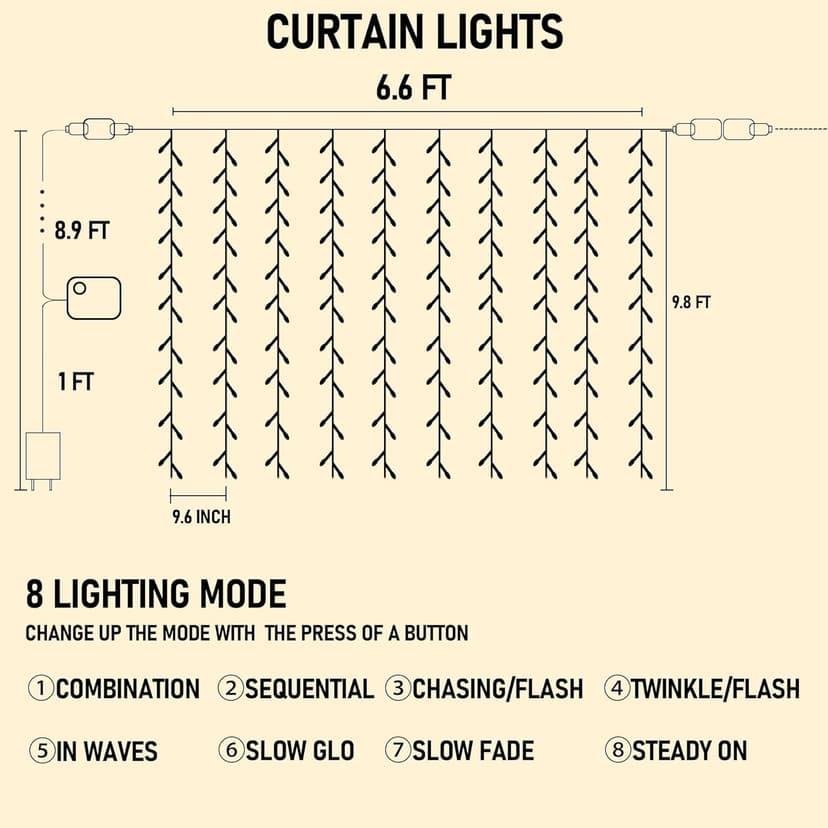 Dazzle Bright 300 LED Curtain String Lights, Christmas Fairy Lights for Bedroom with 8 Lighting Modes, Connectable Waterproof Window Lights Party Wedding Garden Wall Decor, Warm White
