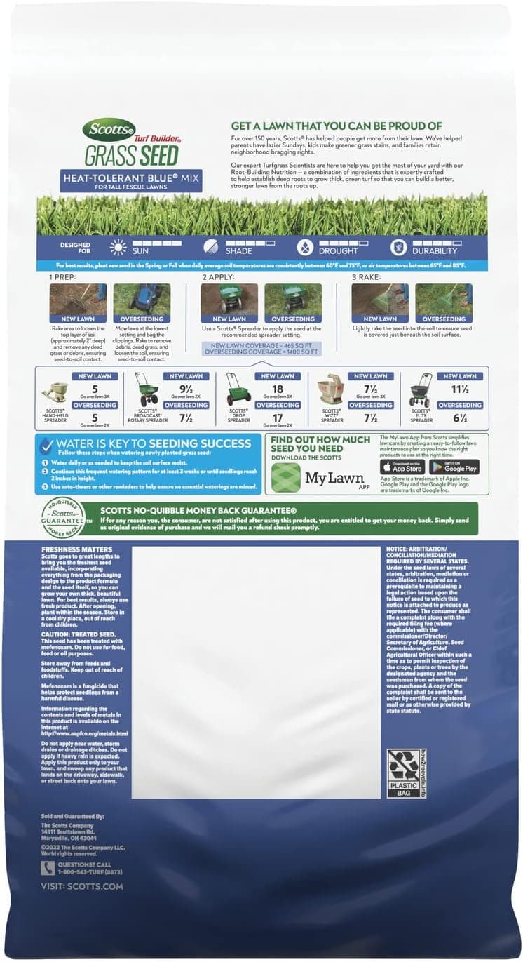 Scotts Turf Builder Grass Seed Heat-Tolerant Blue Mix for Tall Fescue Lawns with Fertilizer and Soil Improver, 5.6 lbs.