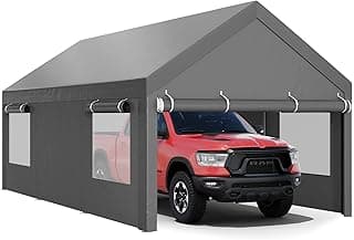 JY QAQA Carport, 10x20 FT Heavy Duty Carport Reinforced Steel Poles with Removable Sidewalls & Doors,Roll-up Windows Car Canopy with Sandbags and All-Season Tarp for Car Boat Truck Motorcycle