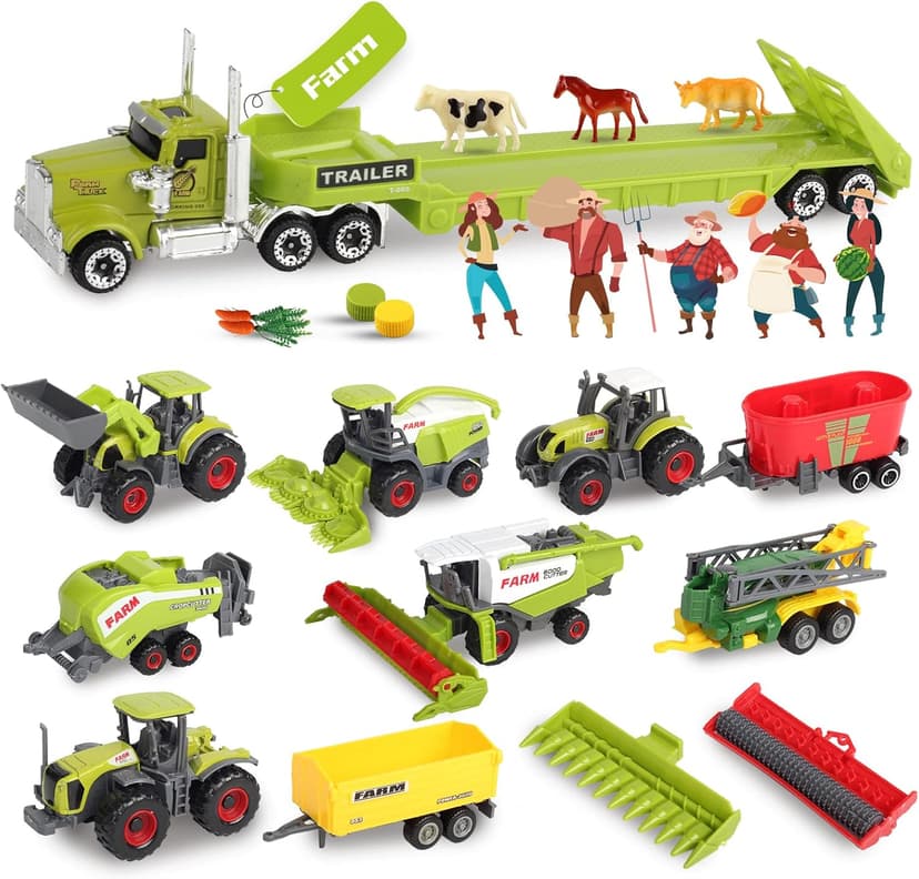 Oriate Kids Farm Toys Realistic Tractor Vehicle Playset, Diecast Car Set Educational Mini Farm Animals with Flatbed Trailer, Birthday Gift for Children 3 Year Old
