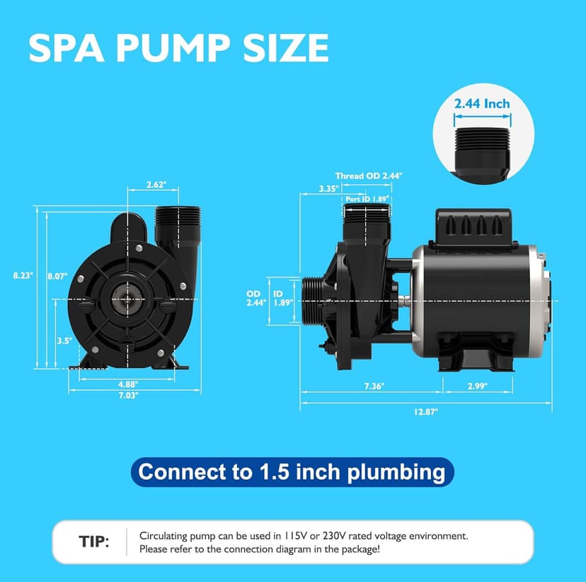 SPA Circulation Pump, Single Speed Hot Tub Circulating SPA Pump for Replacement OEM Mode, 0.25HP (115V or 230V), 1.5"Port (Model: 48WTC0153C-I)