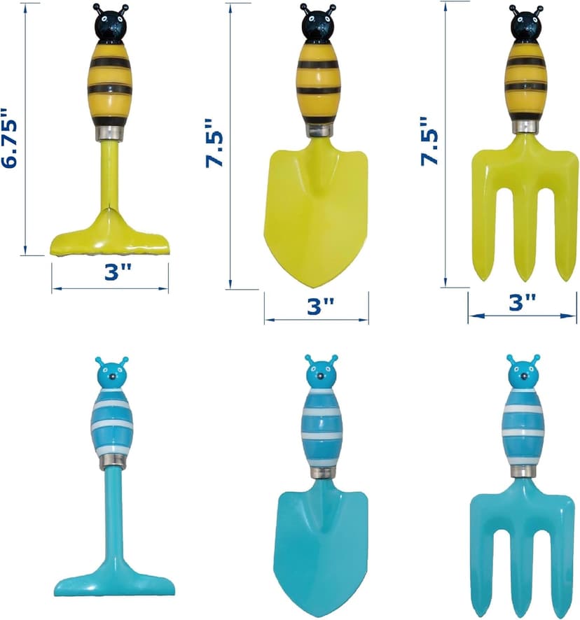 Kids Gardening Tool Sets Strip Bee Handle, 6 Pieces (Blue+ Yellow), Sandbox Play Beach Shovel and Toy Graden Hand Tool