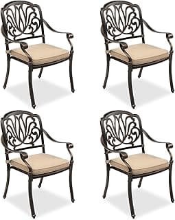 VINGLI Outdoor Dining Chairs Set of 4 with Cushion Aluminum Patio Chairs, Cast Aluminum Patio Furniture Aluminum Outdoor Chairs for Backyard, Poolside, Balcony Bronze (4, Elizabeth Back with Cushion)
