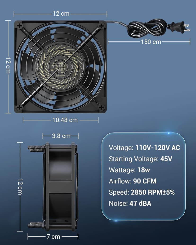 DEWENWILS 2 Pack 120V AC Fan, Waterproof Exhaust Fan 120mm, 18W 2850RPM 90CFM, DIY Cooling Fan for Refrigerator, Computer Case, Compressor Engine, Generator, UL Listed