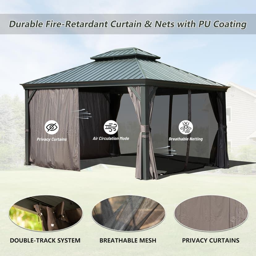 Domi 10' X 12' Hardtop Gazebo Outdoor Metal Gazebo with Galvanized Steel Double Roof Canopy, Aluminum Frame, Curtains and Netting for Patio, Deck, Garden, Grey