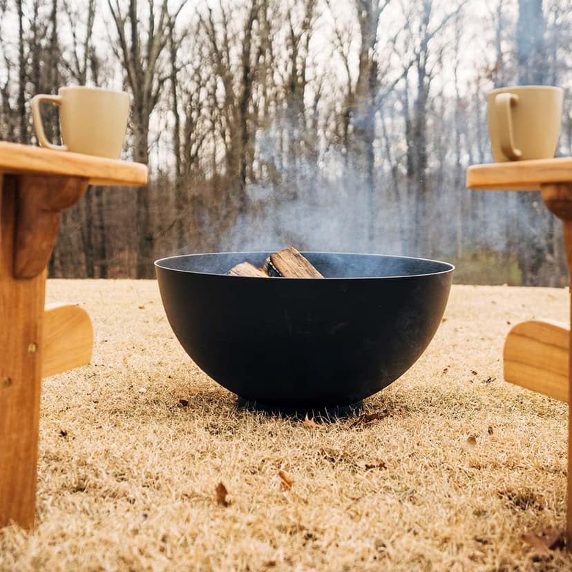Ash & Ember 29" Hemisphere Fire Pit, Wood Burning Backyard Fireplace, Round Flat Flanged Base, Cast Iron High-Temp Black Paint Fire Bowl, Portable Outdoor Firepit