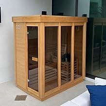 Outdoor Corner Steam Sauna, Canadian Hemlock Saunas 3 Person, 6KW ETL Toule Heater, 220V,Broad Bench, Glass Wall Sauna, Waterproof System, Asphalt Shingles(0-195℉)