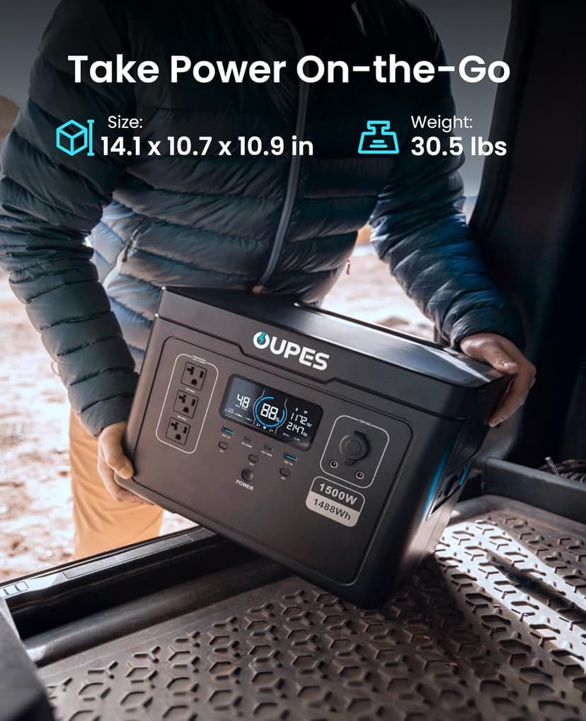 [2025 New] OUPES Exodus 1500 Portable Power Station 1500W (3600W Peak), 1488Wh LiFePO4 Battery Solar Generator with 4H Fast Charge, UPS & APP for RV/Home Emergency/Outdoor (30.5lbs Lightweight)