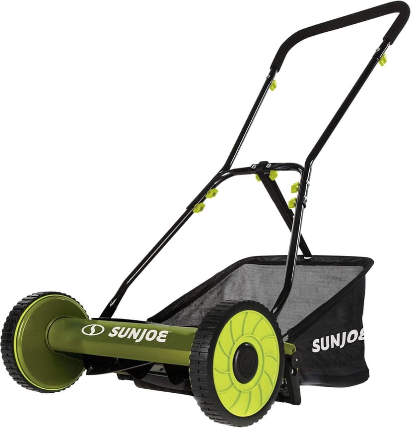 Sun Joe MJ500M 16-Inch Manual Reel Mower w/Adjustable Cutting Height, 6.6-Gallon Removable Grass Catcher, 5 Steel Blades, 2-Wheels