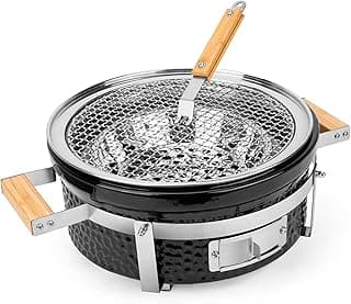 Onlyfire Ceramic Hibachi Charcoal Grill with Grid Lifter, 14" Portable BBQ Yakitori Grill with Stainless Steel Grate for Outdoor Patio Backyard Barbecue Cooking, GS305
