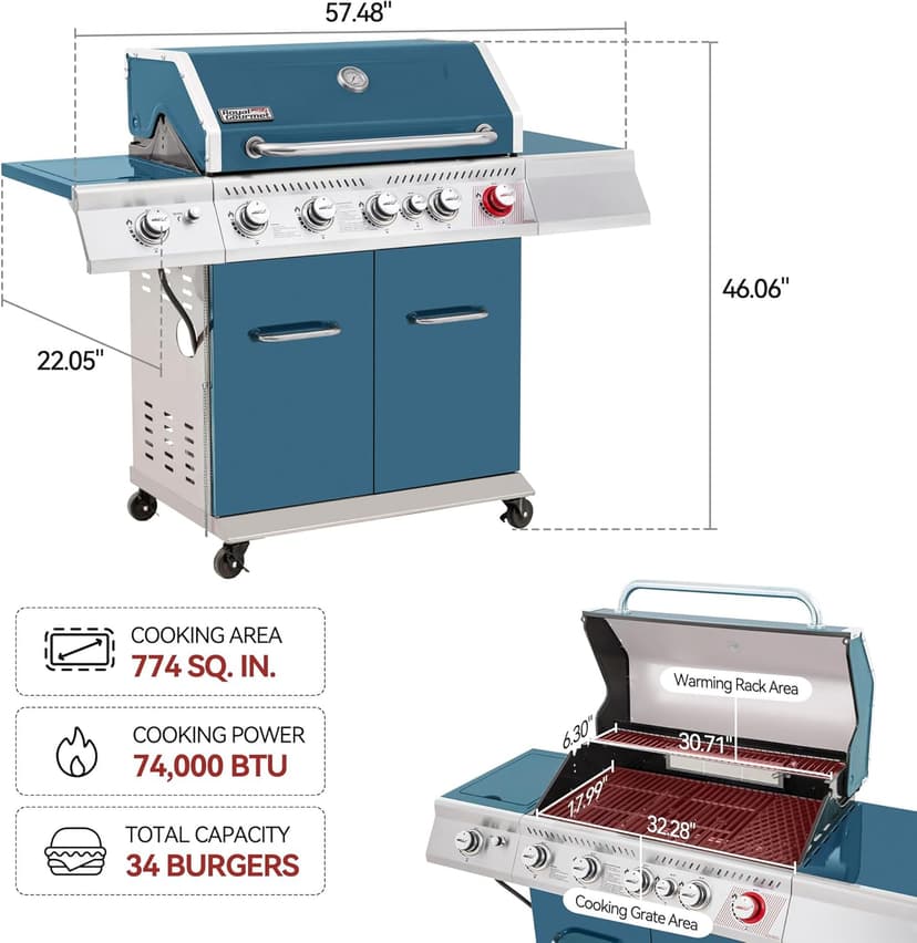 Royal Gourmet GA5403B 5 Burner Propane Gas Grill with Side Burner & Rear Burner, Cabinet Style Design BBQ Grill with 74,000 BTUs Output for Barbecue Grilling & Backyard Cooking, Blue
