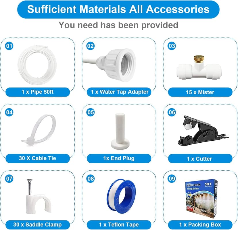 Misters for Outside Patio,Misting System for Cooling Outdoor,50Ft (15M),Water Mist Hose DIY Kit for Porch,Canopy,Deck,Umbrella,Garden,Greenhouse,Yard,Plants,Trampoline Sprinkler Accessories for Kids