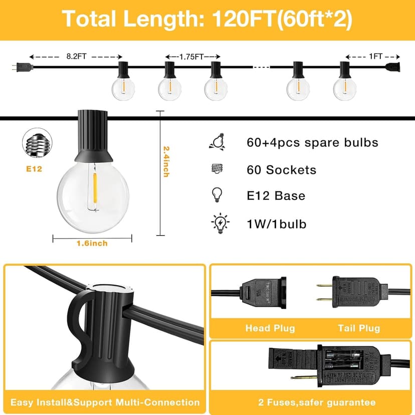 GLUROO 120FT Outdoor String Lights, G40 LED Patio Lights with 64pcs Bulbs, Waterproof Shatterproof Dimmable Globe Hanging Outdoor Cafe Bistro Porch Outside Light, 2Packs * 60ft
