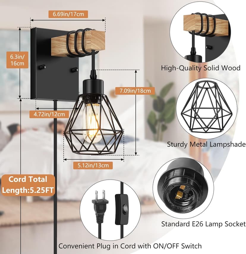 Plug in Wall Sconces Set of Two, Vintage Wood Wall Lamps with Plug in Cord, Farmhouse Wall Light Fixture with 5.25FT On/Off Switch Cord, Indoor Wall Lamp for Bedroom Living Room