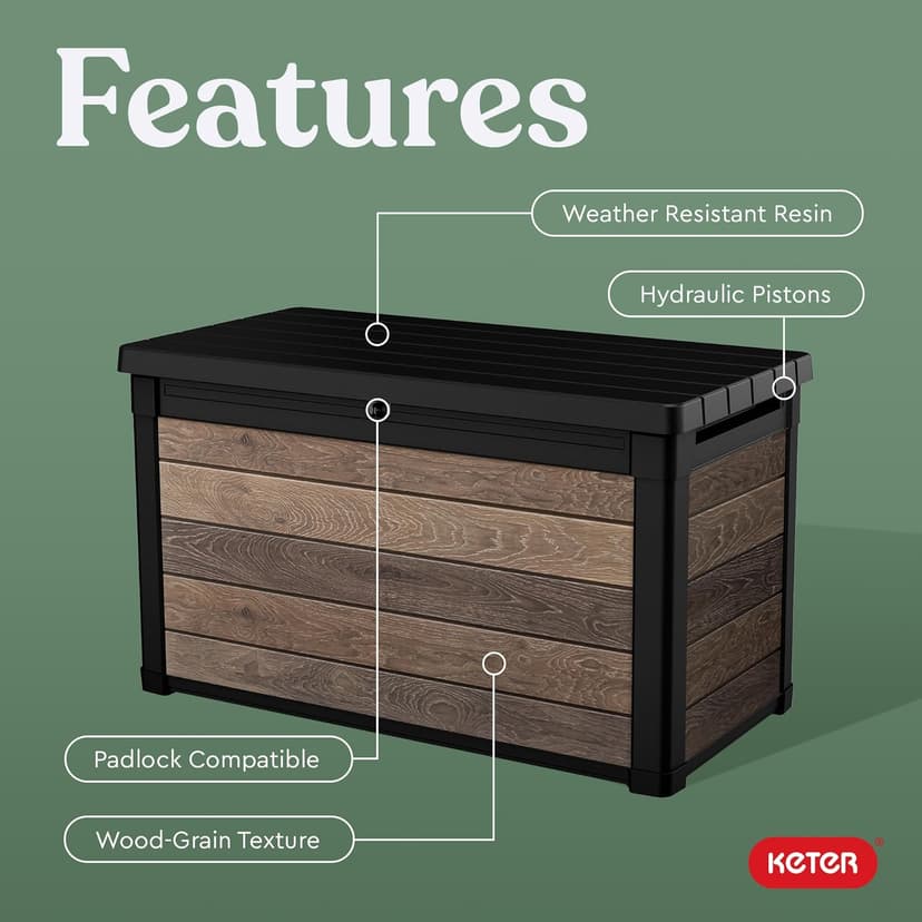 Keter Signature Collection 100 Gallon Resin Deck Box Organization and Storage Box for Patio Outdoor Cushions, Throw Pillows, Garden Tools and Pool Supplies, Walnut