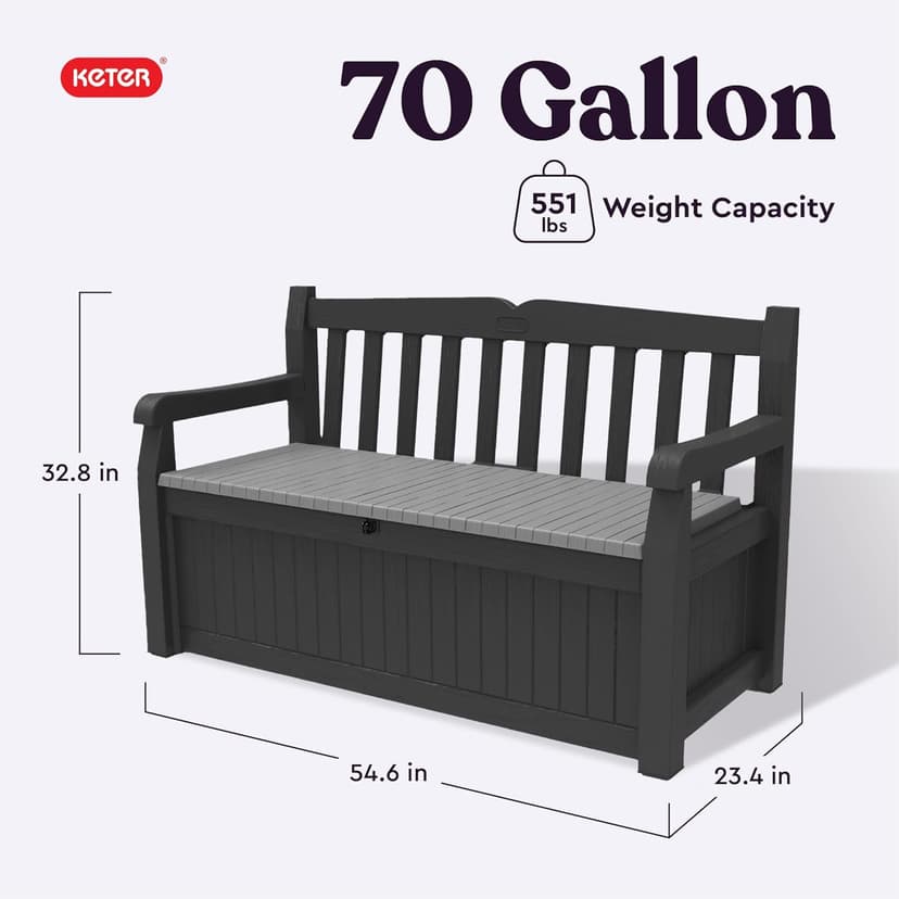 Keter Solana 70 Gallon Storage Bench Deck Box for Patio Storage, Front Porch Decor and Outdoor Seating – Perfect to Store Garden Tools and Pool Floats, Graphite