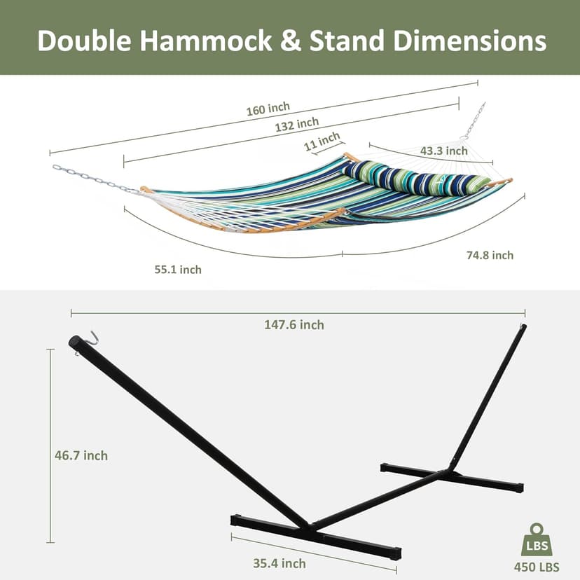 SUNCREAT Heavy Duty Double Hammock and Stand, Free Standing Two Person Hammock with Stand, Green Stripes