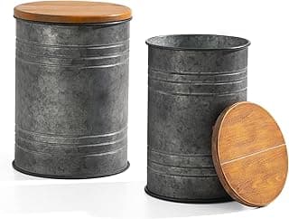 Glitzhome Rustic End Table Set of 2, Farmhouse Galvanized Metal Barrel Ottoman Storage Stool with Round Wood Lid for Living Room Furniture, Grey