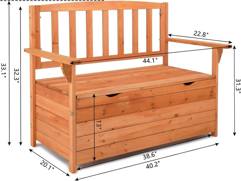 Outvita Outdoor Wood Storage Bench, Wooden Large Deck Box with Seating & Armrest, Waterproof Patio Organizer Loveseat for Garden Porch Deck Backyard Poolside, Natural