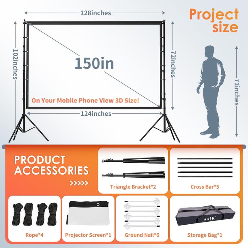 AAJK 150in Projector Screen with Stand,Portable 16:9 4K HD Indoor Outdoor Projection Screen with Wrinkle-Free Design, Ideal for Home Theater and Backyard Cinema – Includes Carry Bag