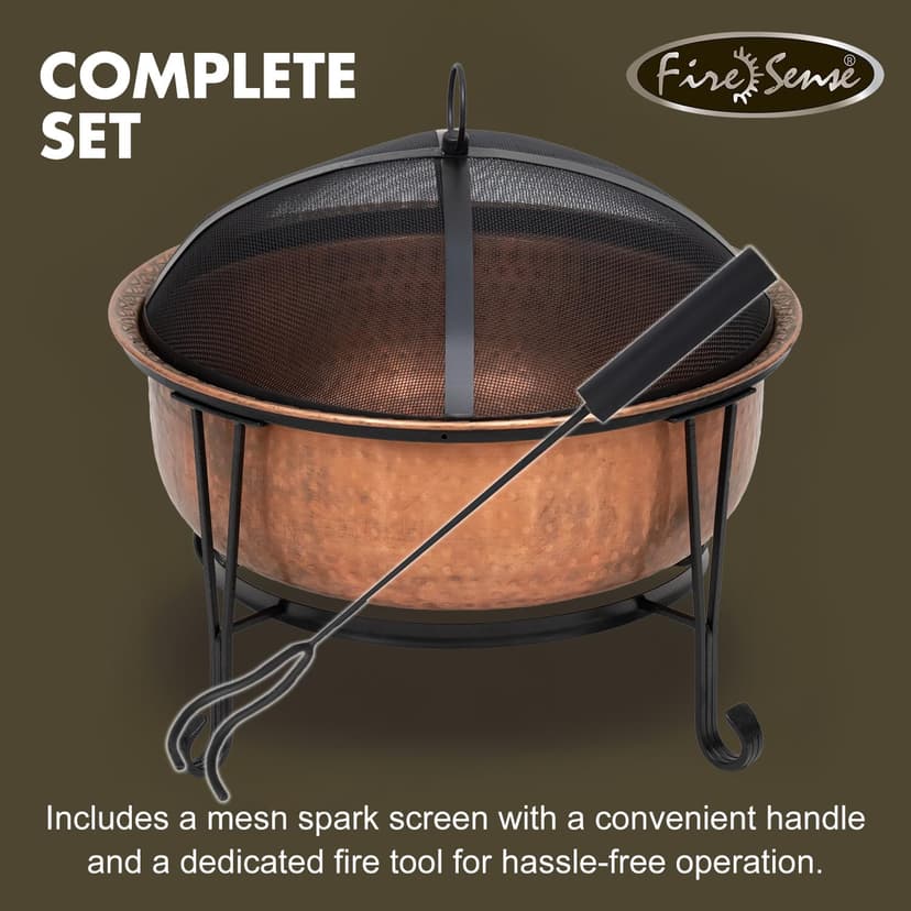 Fire Sense 62665 Fire Pit Palermo Copper with Steel Stand Wood Burning Lightweight Portable Outdoor Firepit Included Mesh Spark Screen Steel Grate Screen Lift Tool & Vinyl Weather Cover - 26.5"