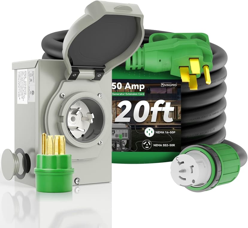 50 Amp Generator Cord 20FT and Power Inlet Box, Pre-Drilled 50 Amp Generator Inlet Box with Cord, NEMA 14-50P to SS2-50R Generator Cord Waterproof Combo Kit, ETL Listed