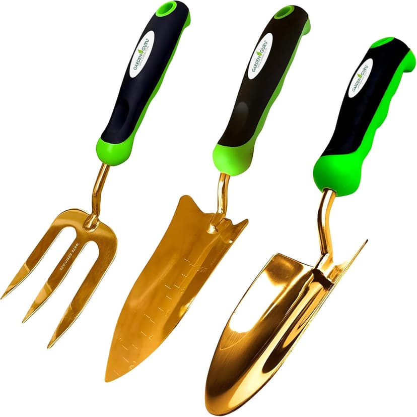 Garden Guru Titanium Garden Tool Set 3pc Hand Trowel Transplanter Cultivator – Heavy Duty - Rust Resistant - Ergonomic Handle – Perfect Gardening Tool Kit Gifts for Women & Men