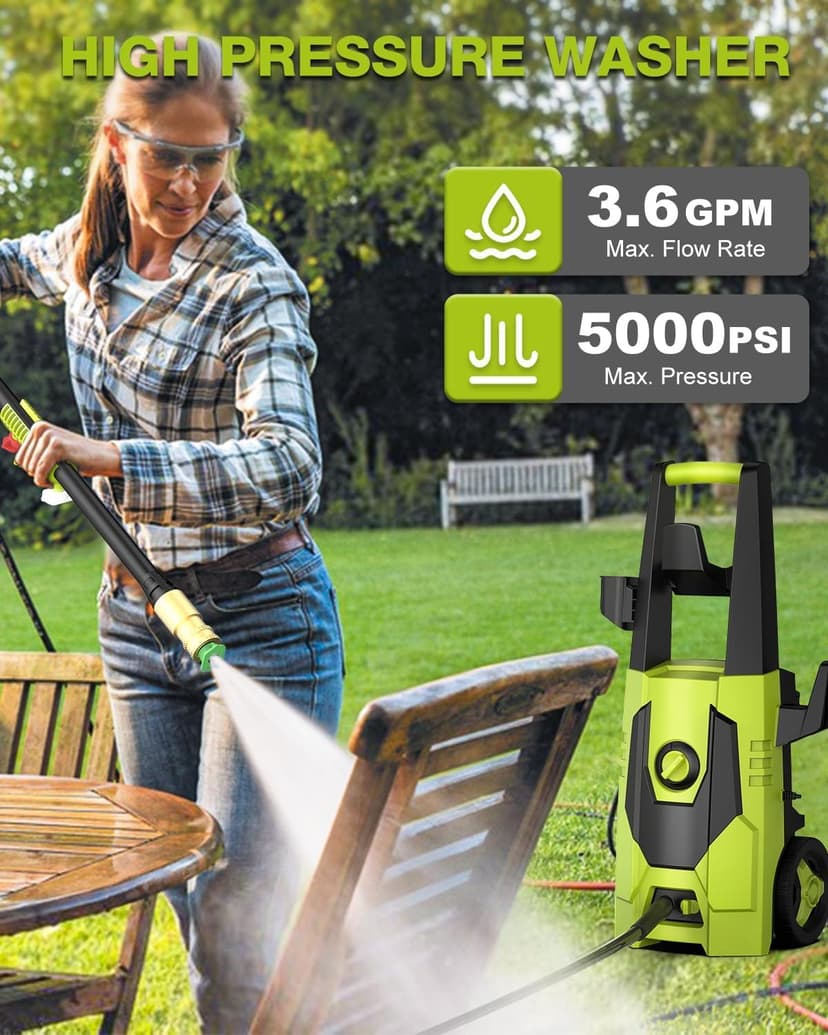AgiiMan Electric Pressure Washer - 5000PSI Max 3.6GPM Power Washer with 35FT Power Cord, 20FT Hose, Soap Tank, High Pressure Washer Electric Powerd Car Cleaning for Garden, Patios, Yard, Green