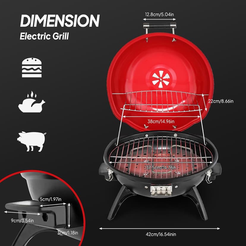 ROVSUN Tabletop Electric Grill with Temperature Control, Double Layer Design, 304 stainless, Portable Removable -Perfect Small Stove for Indoor and Outdoor BBQ, 1600W, Red