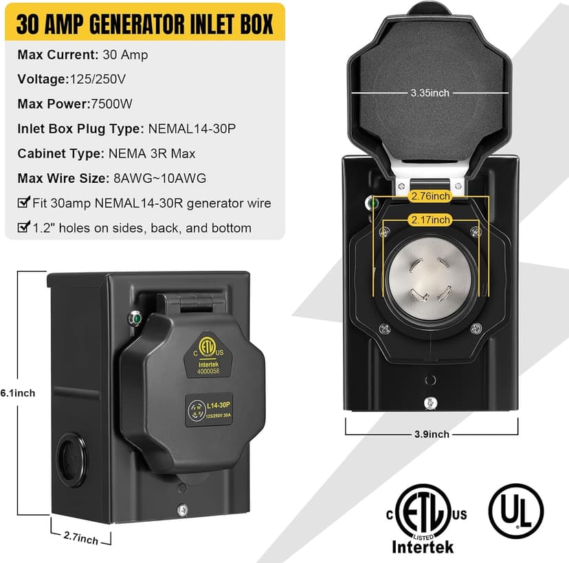 15FT 30 Amp Generator Cord with Pre-Drilled Power Inlet Box,Heavy Duty Generator Power Cord 4 Prong,125/250V,NEMAL14-30P/14-30R,Waterproof,ETL Listed,Home/RV Power Supply