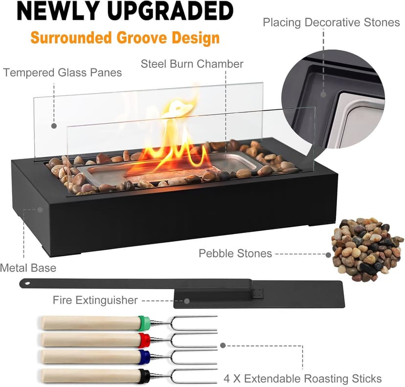 Safer Burning Rectangle Tabletop Fire Pit, Smores Maker Kit, Portable Indoor/Outdoor Table Top Firepit,Table Fireplace with Cobblestones - Gift for Home Decor & Balcony Parties, Housewarming Gift