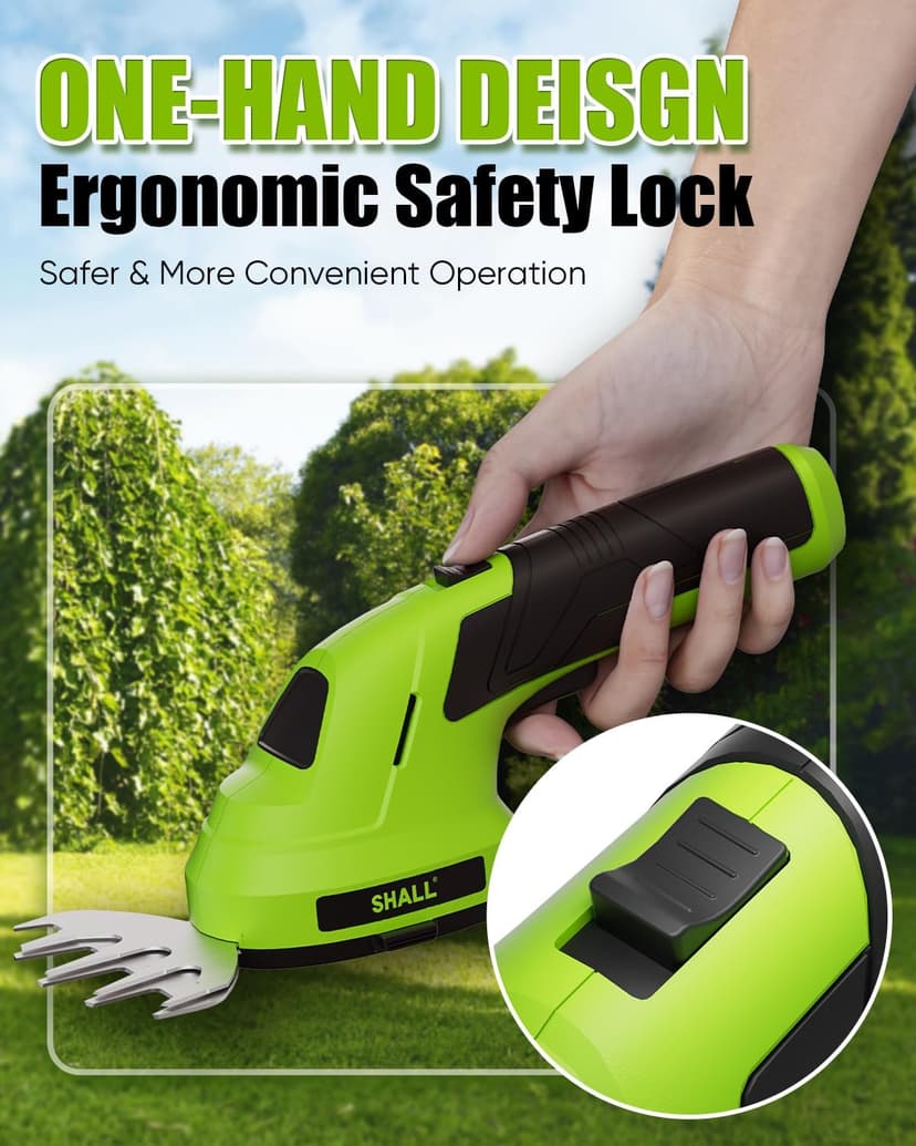 SHALL Cordless Grass Shear & Hedge Trimmer - 7.2V Electric Bush Trimmer 2 in 1 Handheld Shrub Shears, Lightweight Hedge Clippers Grass Cutter w/ 2.0Ah Rechargeable Battery & Type-C Fast Charger -Green