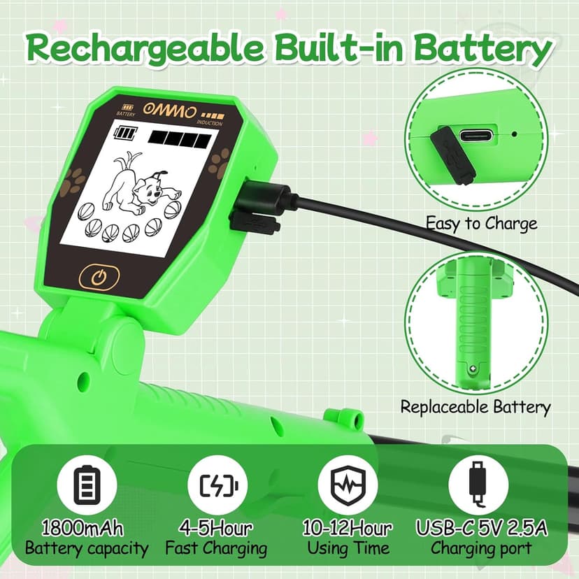 OMMO Metal Detector, Rechargeable Built-in Battery Kids Metal Detector with Funny LCD Display, Adjustable Metal Detectors for Kids with Waterproof Search Coil USB Cable for Detecting Treasure