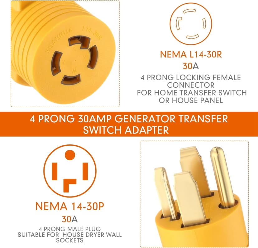 Kanayu 4 Prong 30 Amp Dryer Adapter Compatible with NEMA 14-30P to L14-30R, 4 Prong Dryer Outlet to Generator Locking Plug Adapter Welder Generator EV Charger Cord Adapter