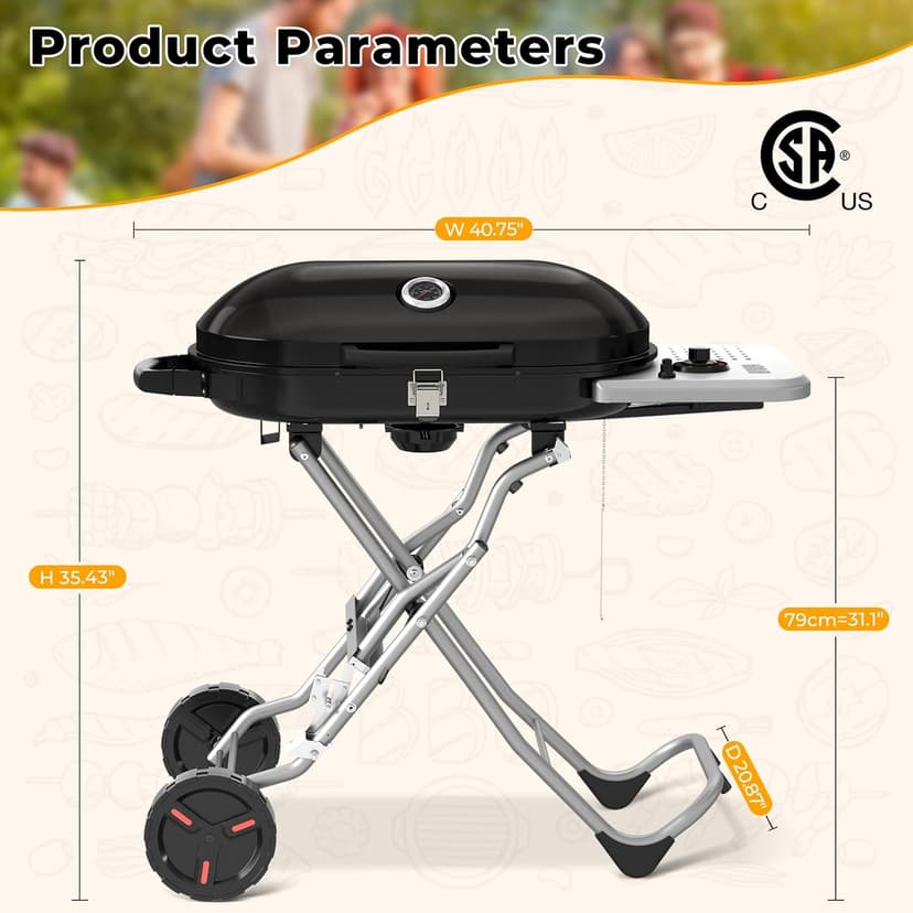 Portable Propane Gas Grill,15,000 BTU BBQ Grill with Top Cover Lid, 406 sq.in. Grilling Areas, 2 Wheels, Built-in Thermometer, Barbecue Gas Grill for Patio,Party,Black