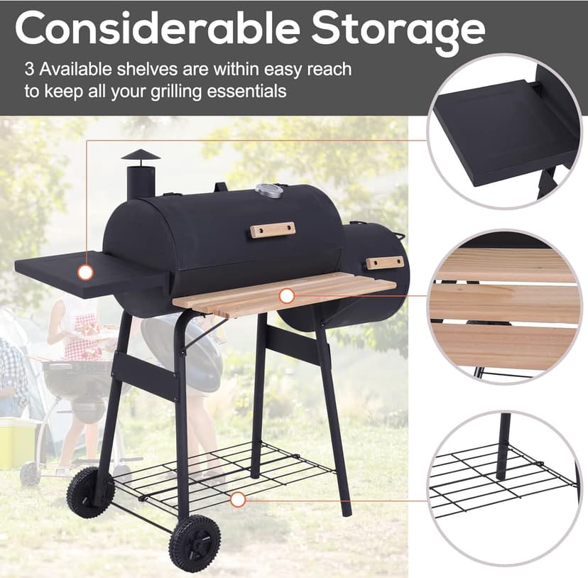 Outsunny 48" Portable Barrel Charcoal BBQ Grill, Steel Outdoor Barbecue Smoker with 232 Square Inches Cooking Space, Storage Shelf, Wheels for Garden Camping Picnic, Black