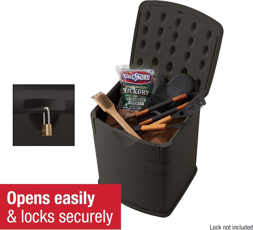 Rubbermaid Small Resin Outdoor Storage Deck Box (19 Gal), Weather Resistant, Brown, Deck Organization for Home/Small Garden Tools/Grilling Accessories/Pool Supplies